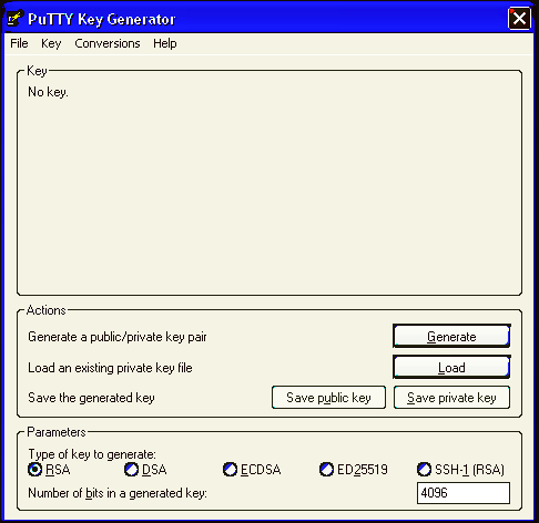 PuTTY key generator интерфейс