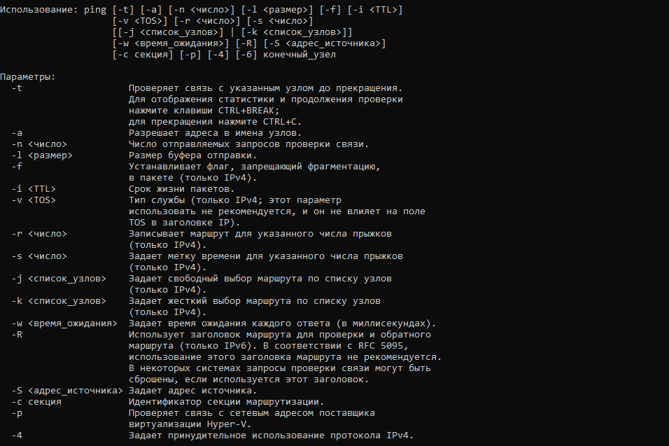 Справка по команде ping