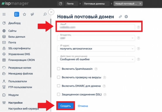 Ввод данных для создания нового почтового домена