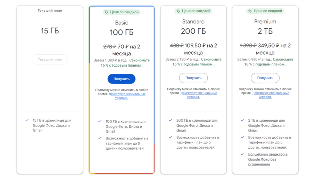 Расценки тарифов Google Drive