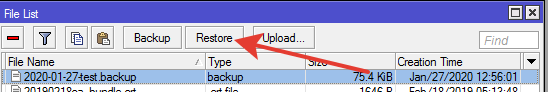 Восстановить сохранённую копию MikroTik