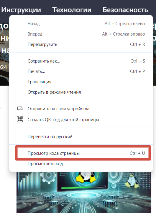 «Просмотр кода страницы» в Google Chrome