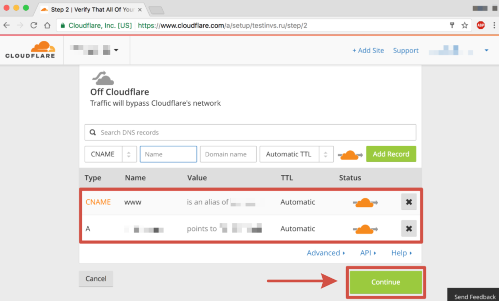 Настройки домена в Cloudflare