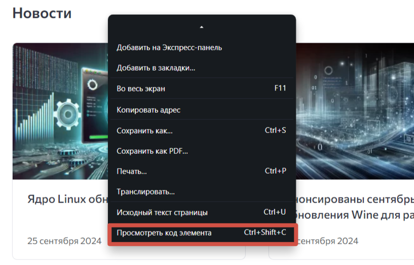 «Просмотреть код элемента» в Opera