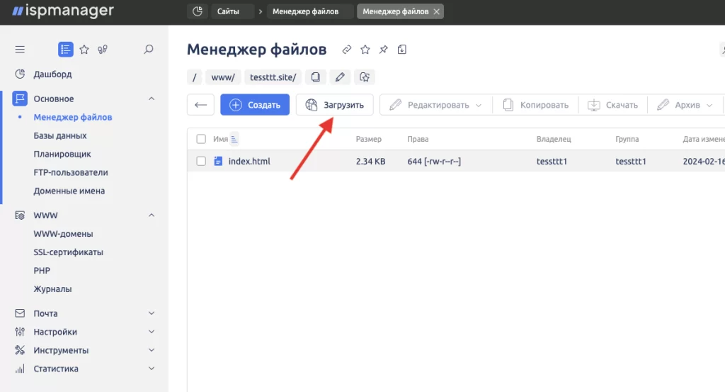 Загрузка архива в панели ispmanager