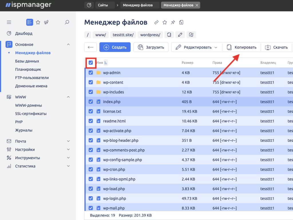 Выделение файлов в папке WordPress