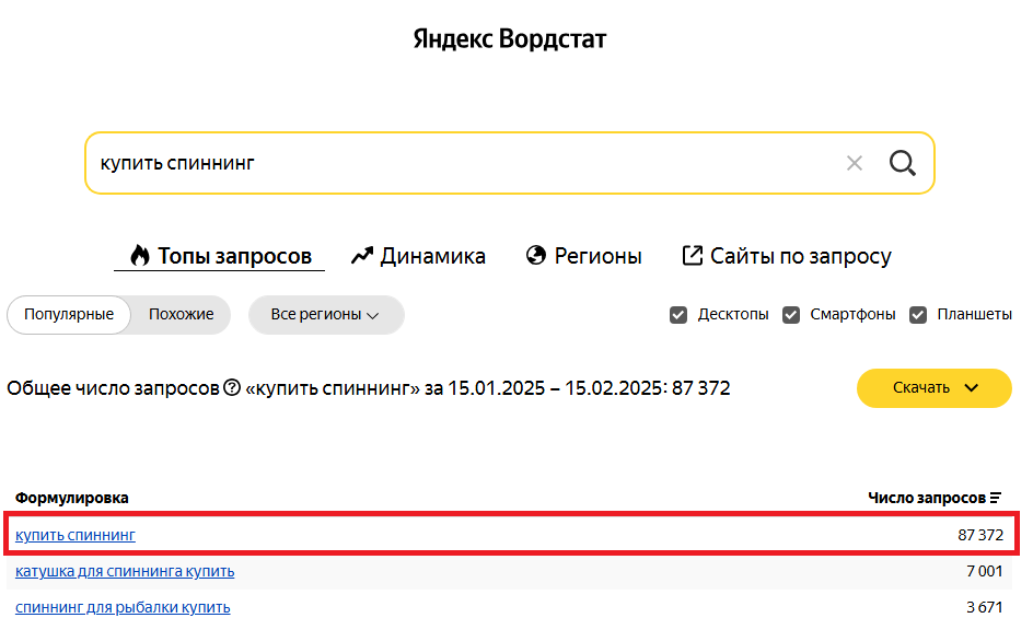 Пример оценки потенциального трафика через сервис Яндекс Вордстат