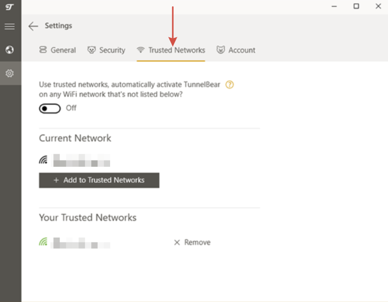 Настройки безопасных сетей в TunnelBear