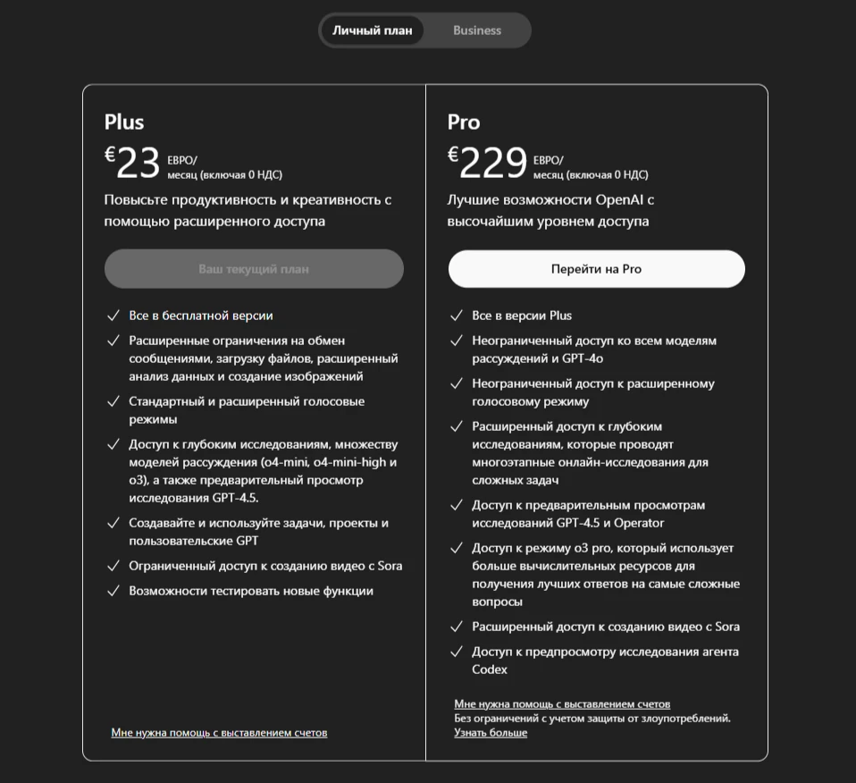 Тарифные планы Plus и Pro